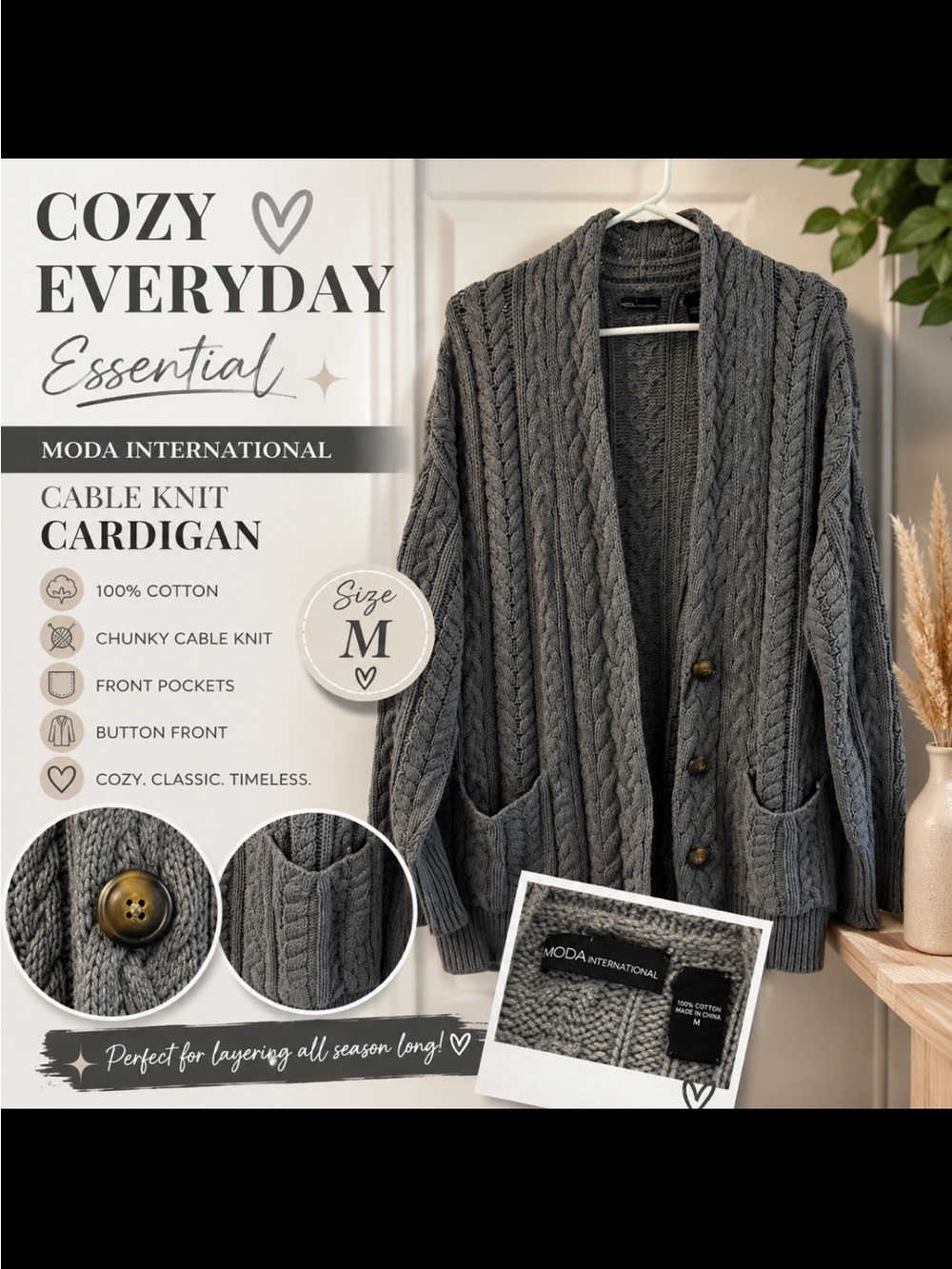 Moda International Gray Cable Knit Cardigan with Pockets
